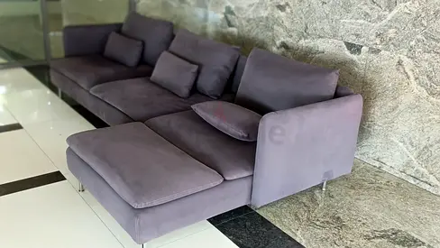 Modern Gray Velvet 3-Seater Sofa with Ottoman - Good Condition