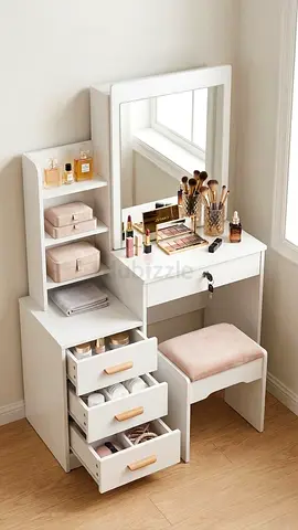 White Dressing Table Vanity Set with Mirror, Drawers and Stool