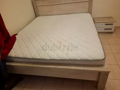 Queen size wooden bed frame with mattress and bedside table - light oak