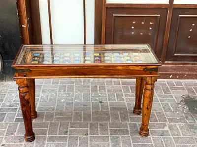 Solid Wood Display Coffee Table with Glass Top and Inlaid Tiles