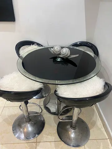 Glass Top Bar Table with 4 Swivel Stools - Compact Set chairs are broken but i put cushions on it