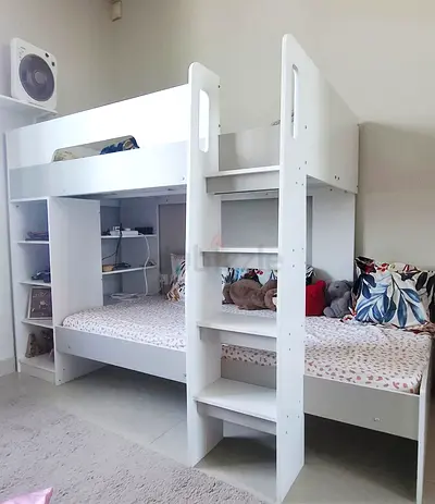 White Wooden Bunk Bed with Built-in Shelves — Good Condition