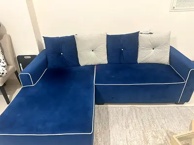 Blue L-shaped Velvet Sofa with Chaise, Good Condition