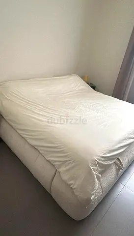 Double Bed Frame 2x2m with Low Profile Upholstery - Light Beige with storage + mattress memory form