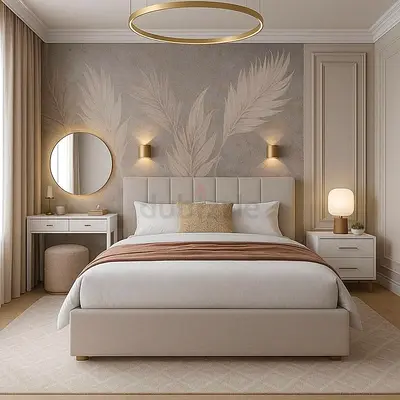 Modern beige upholstered queen bed with headboard