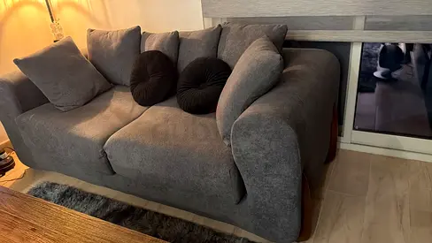 Comfortable 2-Seater Grey Fabric Sofa in Good Condition, table and side table
