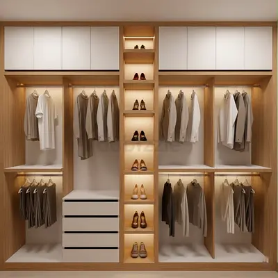 Built-in Walk-in Wardrobe Closet with Shelves and Drawers - Light Wood Finish