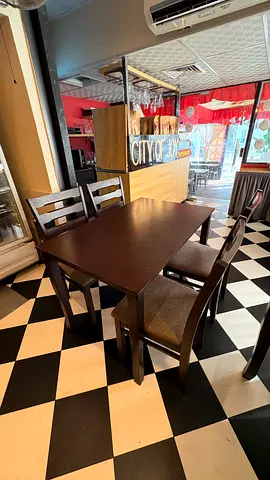 Dark Wood 4-Seater Dining Table with Upholstered Chairs