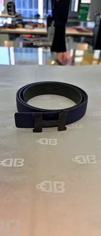 Navy blue leather belt with H-style buckle - gently used