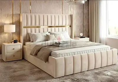 New Upholstered King Size Bed with Padded Headboard and Storage Base - Cream
