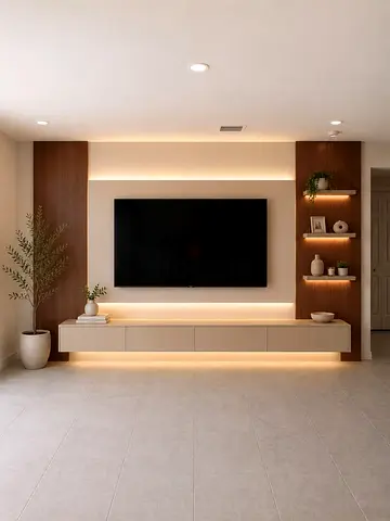 Modern wall-mounted TV entertainment unit with LED lighting