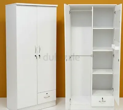 White 2-Door Wardrobe with Shelves and Drawer - Good Condition