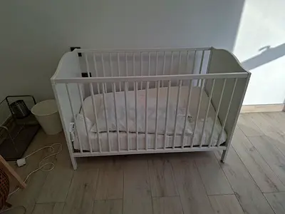 White Wooden Baby Crib with Mattress - Good Condition