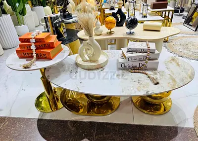 Set of 2 Marble-Top Nesting Coffee Tables with Gold Bases