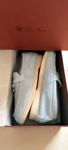 Light blue suede loafers by Loro Piana, size unknown — like new in box