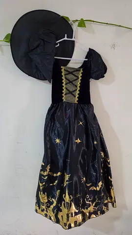 Black and Gold Witch Costume Dress with Matching Hat
