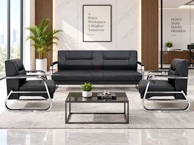 Black Leather Office Sofa Set – Modern 5 Seater Sofa for Office