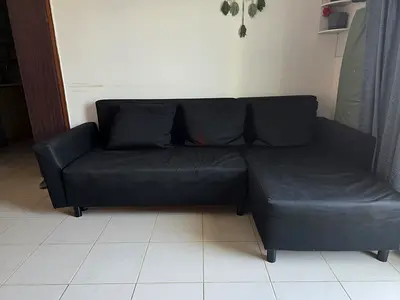 Black L-shaped Faux Leather Sofa - Right Chaise, Good Condition IKEA sofabed