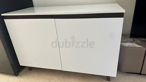 White Sideboard / Storage Cabinet 120cm – 2 Doors, Walnut Trim & Legs – Excellent Condition