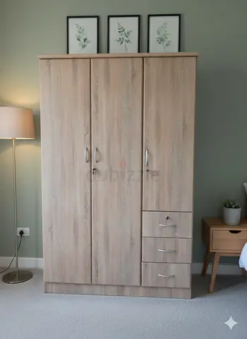 3-door wooden wardrobe with drawers - light oak finish