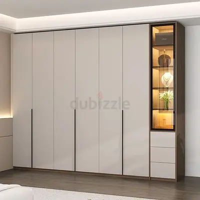 Modern Six-Door Wardrobe with Display Shelves and Drawers