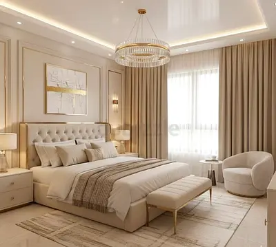 Neutral Beige Upholstered Bedroom Set with Bench and Nightstands