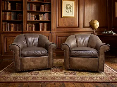 Timothy Oulton Pair of Vintage Brown Leather Swivel Club Chairs - Solid Wood Frame