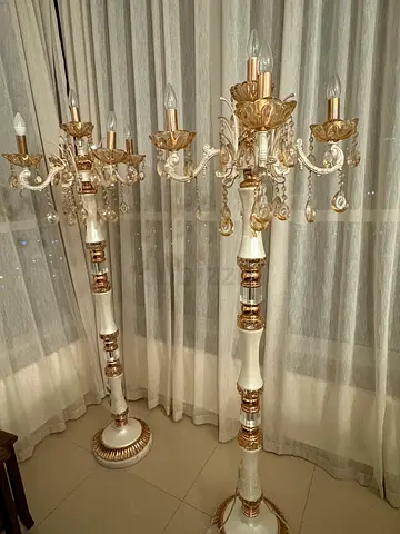 Pair of ornate white and gold floor lamps (crystal accents)