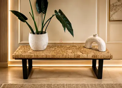 Solid Wood Mosaic Bench with Black Metal Legs - Rustic Entry/Console Bench