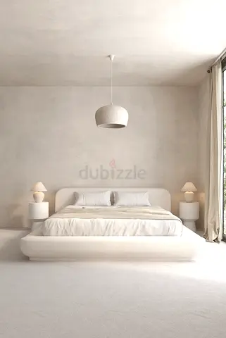 King size low-profile upholstered bed frame in off-white (modern)