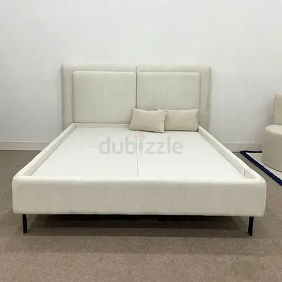 Beige Upholstered Double Bed Frame with Headboard