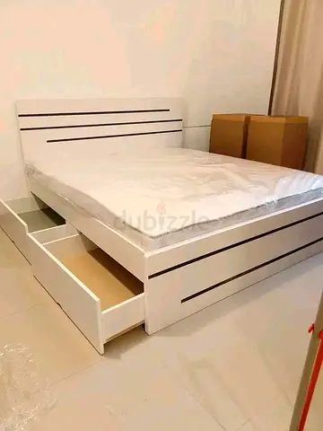 White Wooden Double Bed with Storage Drawers