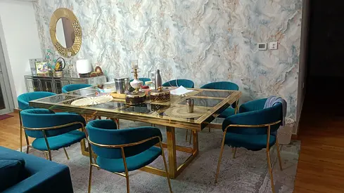Glass Top Gold Metal Dining Table with 6 Teal Velvet Chairs
