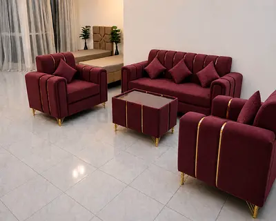 Brand new Burgundy Velvet 3-Piece Sofa Set with Gold Accents (Like New)