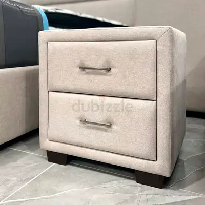 Beige Upholstered 2-Drawer Nightstand with Wooden Legs