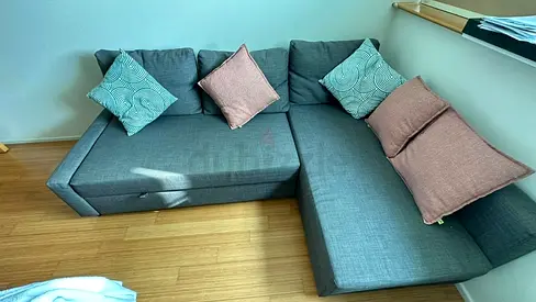 Gray L-shaped Fabric Sofa with Cushions - Good Condition