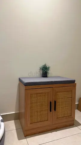 Small Oak Storage Cabinet with Cushioned Seat
