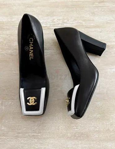 Chanel Black Leather Block Heel Pumps with CC Logo, Size (please confirm)