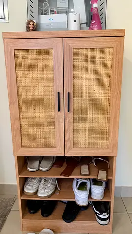 Compact Wooden Shoe Cabinet with Rattan Doors