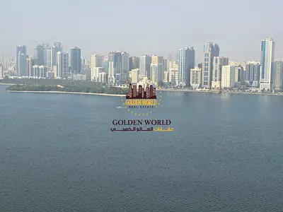 2BR & Hall for annual rent in Al Majaz 3, Sharjah. Sea view, 2 master rooms, 3 baths, balcony, parking. AED 50,000/year.
