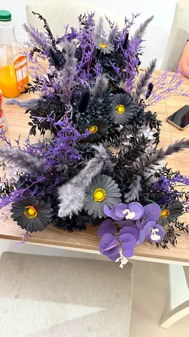 Artificial purple and black floral bouquet - decorative centerpiece 3 ps