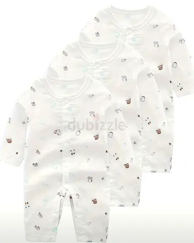 Set of 3 Newborn Long-Sleeve Cotton Rompers (White, Unisex)