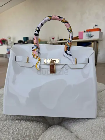 White Structured Patent Leather Handbag with Scarf-Wrapped Handles