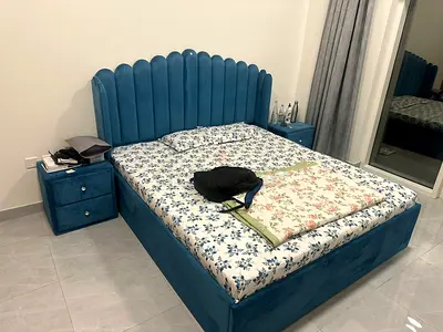 Hydraulic storage Blue Velvet king size Bed with Matching Nightstands - Good Condition