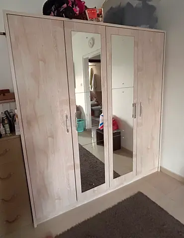 4-Door Mirrored Wardrobe - Light Wood Finish, Excellent Condition