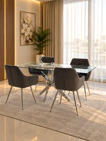 Modern Glass Top Dining Set with 4 Grey Chairs