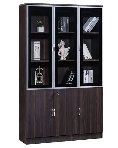 Wooden Office Bookcase with Glass Doors and Lockable Lower Cabinets