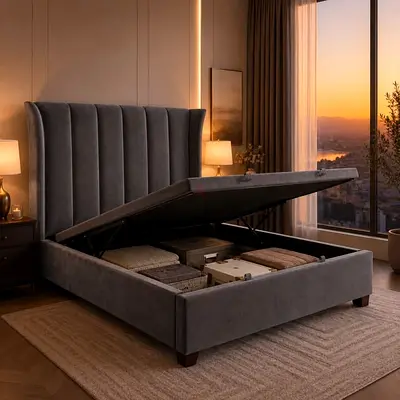 King Storage Bed with Upholstered Tall Headboard - Grey