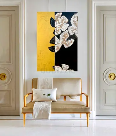 Original Modern Floral Wall Art Painting in Black & Gold