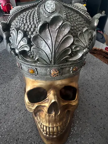 Decorative Brass Skull with Ornate Silver Crown — Collectible Display Piece